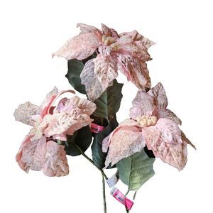3 LG Pale Pink & Gold Poinsettia 9" Silk Velvet Flower Stems Bead Encrusted NWT